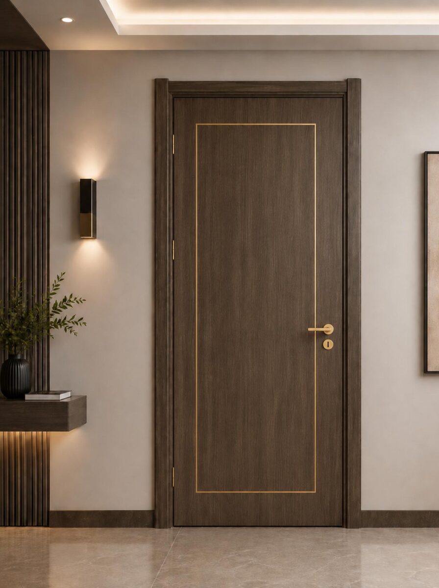 A walnut flush internal door with a slim gold inlay