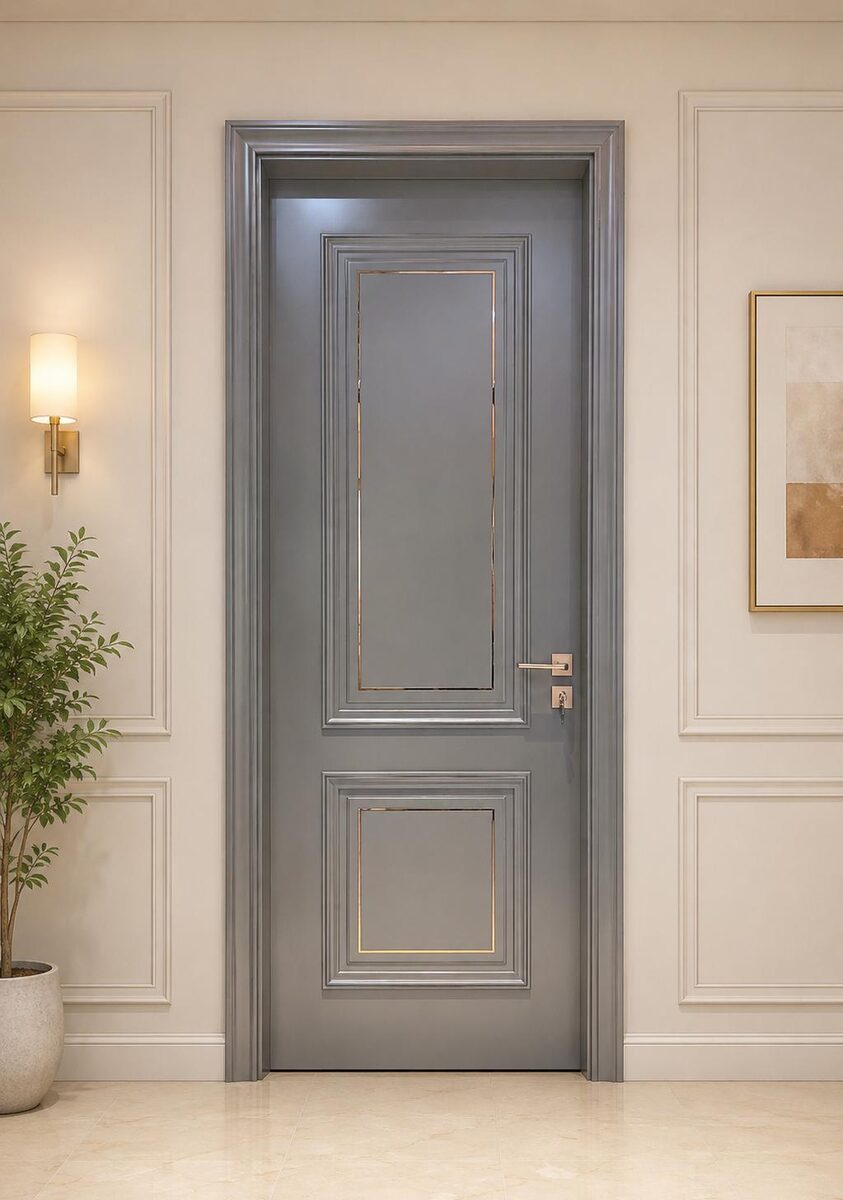 A grey painted panelled internal door