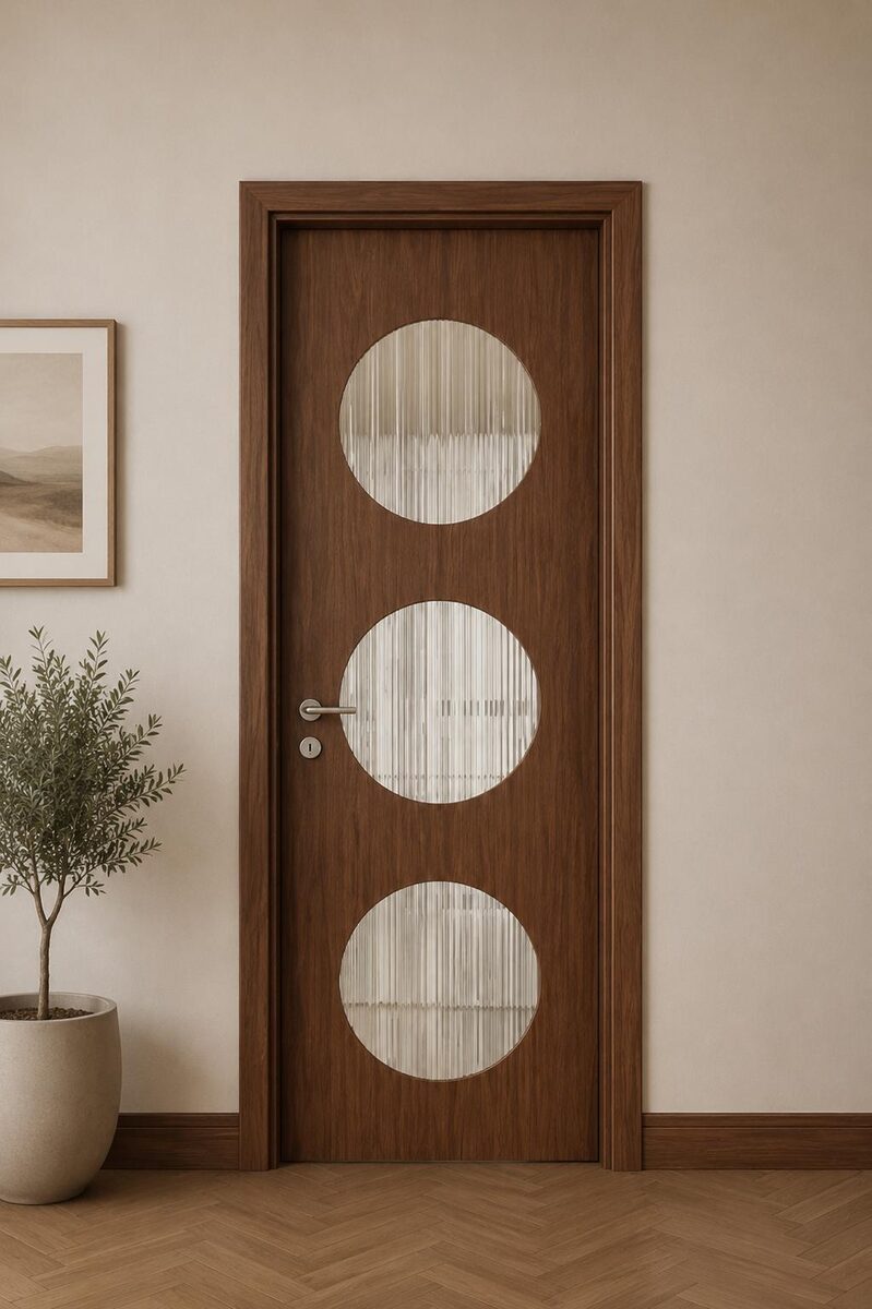 A timber internal door with three round glazed lights