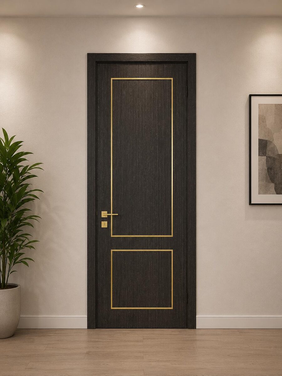 A dark internal door with a gold inlay detail