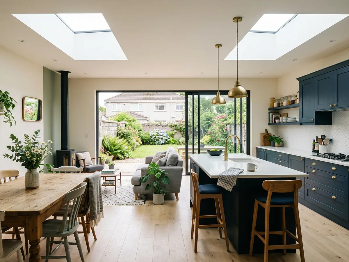 AI concept of an open plan kitchen in a single storey rear extension with rooflights and sliding doors, not a real kitchen
