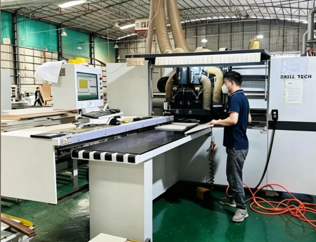 A machine operator drilling cabinet panels on a CNC machine