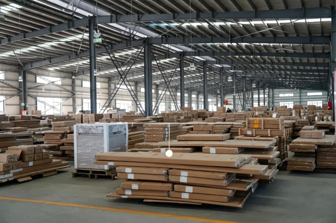 Packed cabinets and boards stacked on pallets in the factory warehouse