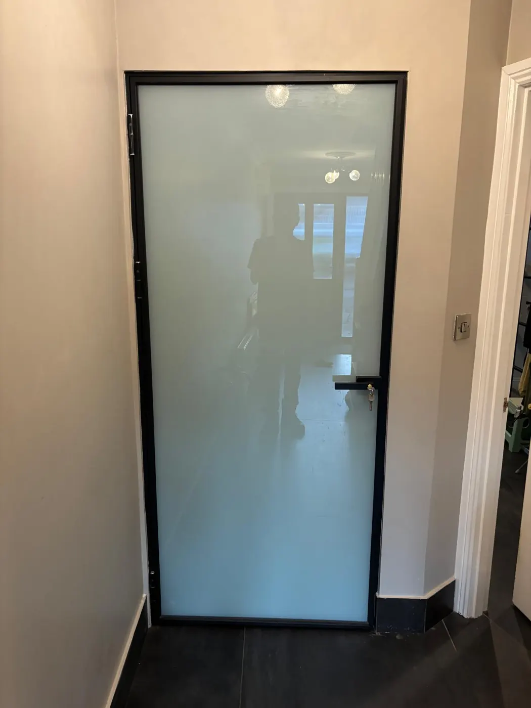 Frosted glazed internal door with a slim black frame fitted in a Dublin hallway