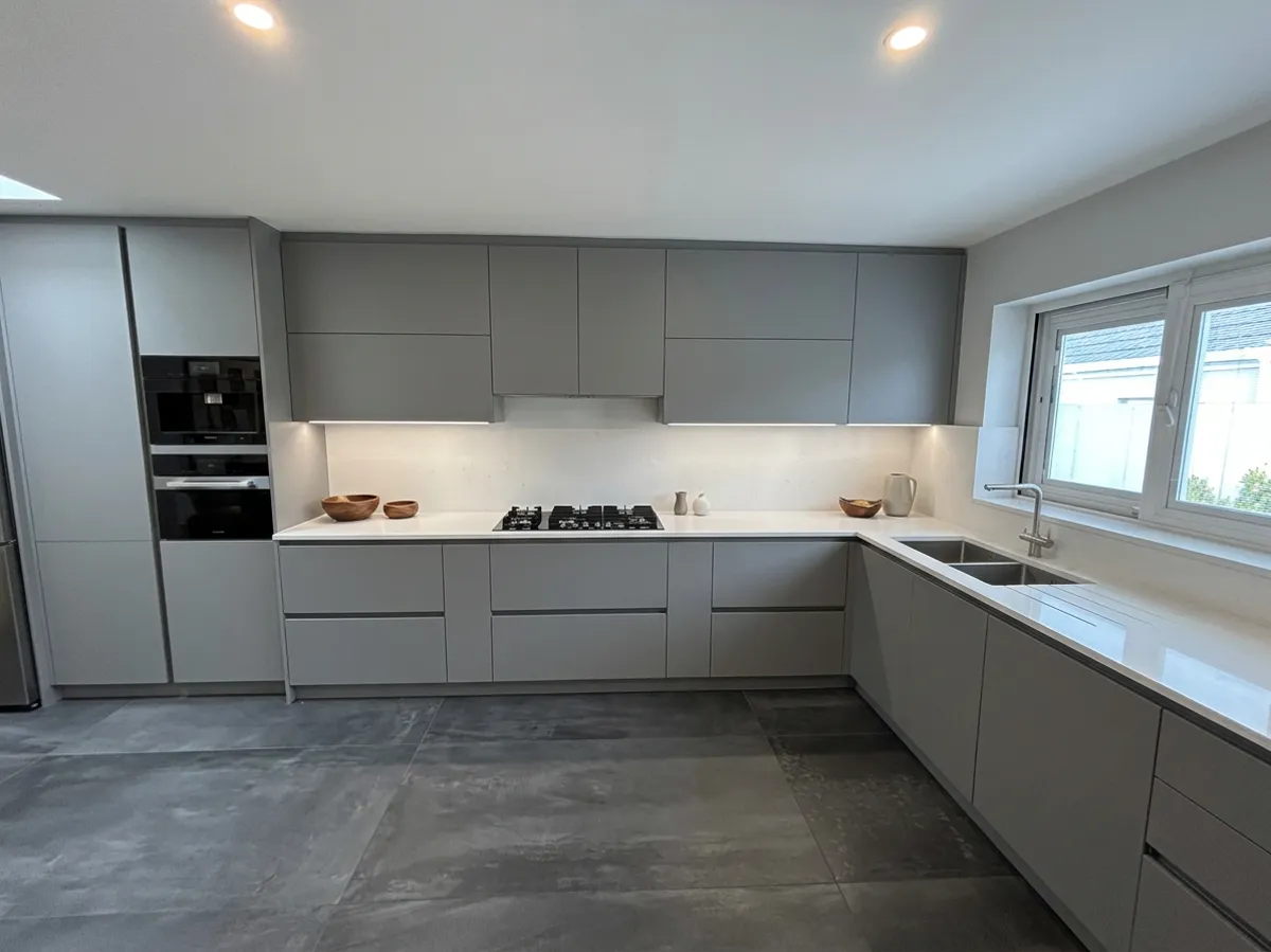 AI concept of the same kitchen in a modern handleless style, not a real kitchen
