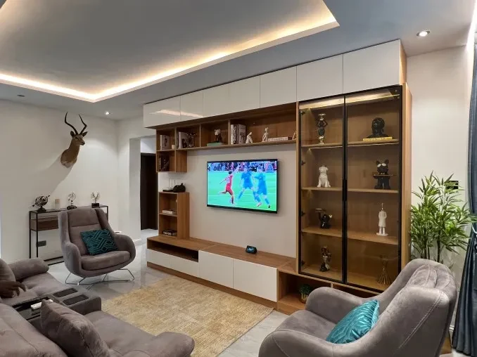 Built in display shelving and glazed cabinets either side of a wall mounted television