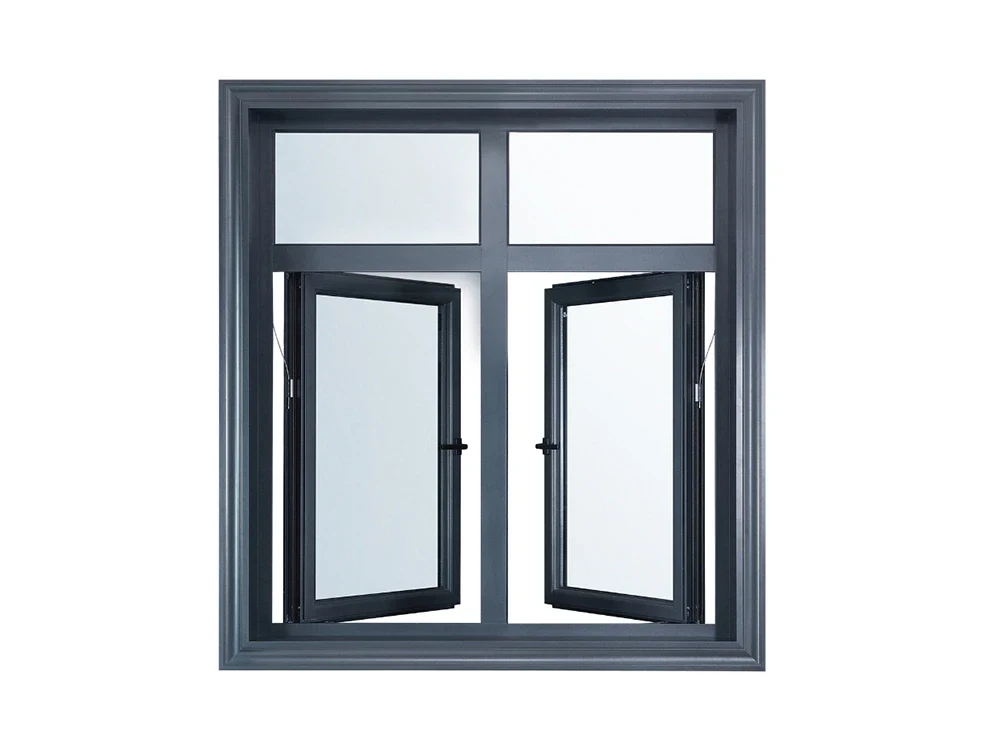 A dark framed casement window standing open onto a garden