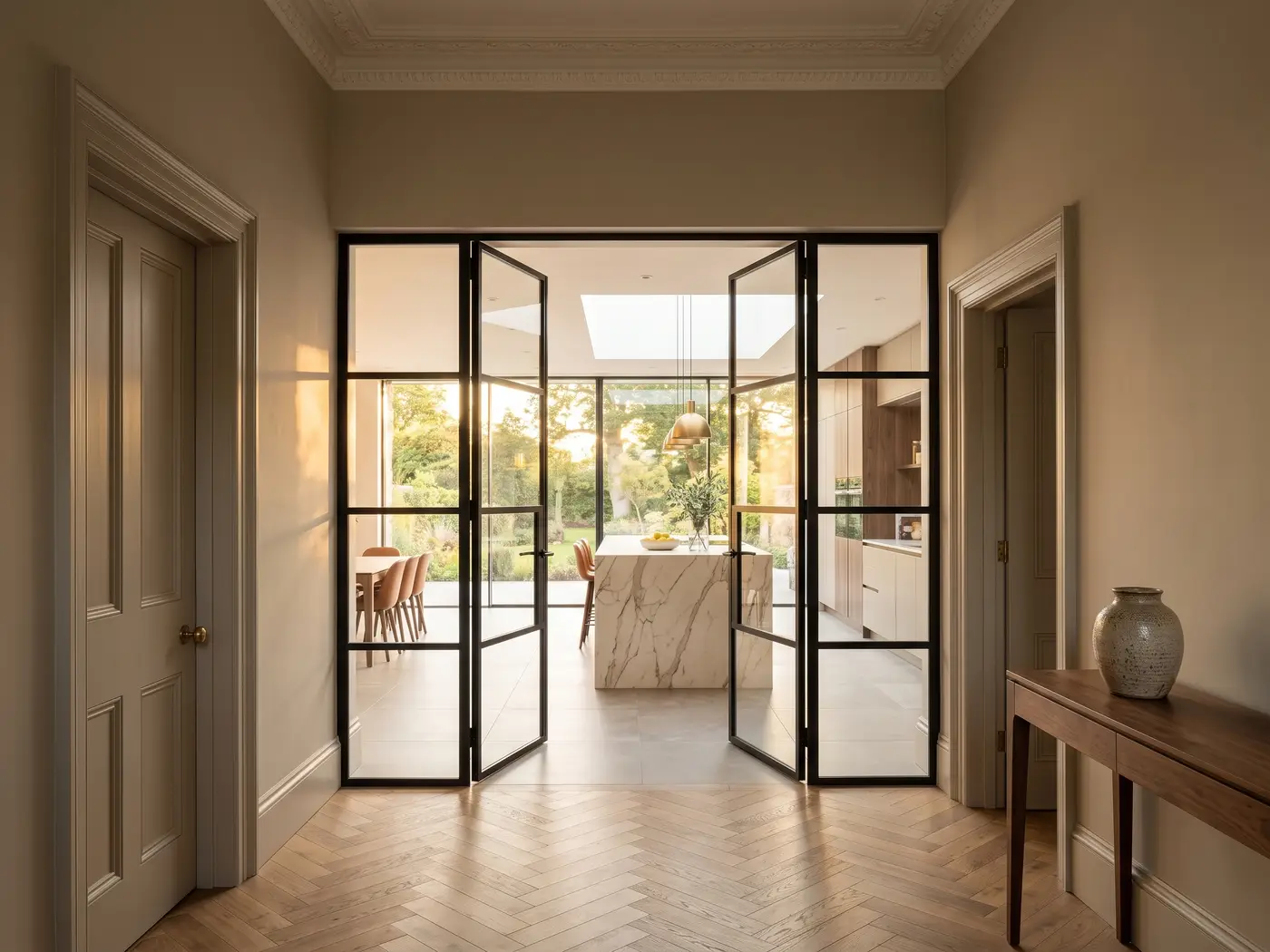 Design visual of tall black framed glazed double doors opening from a period hallway into a kitchen