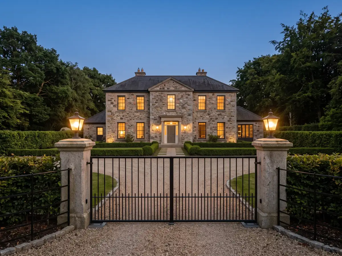 Design visual of black steel driveway gates and railings between stone piers in front of a period house at dusk