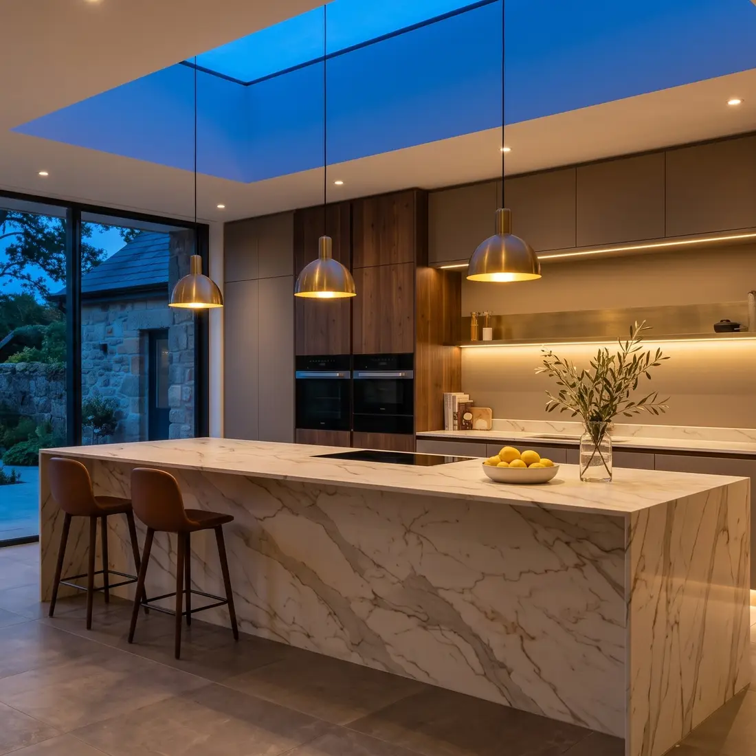 Design visual of an open plan kitchen at dusk with a marble waterfall island, brass pendants and a lit glass display cabinet