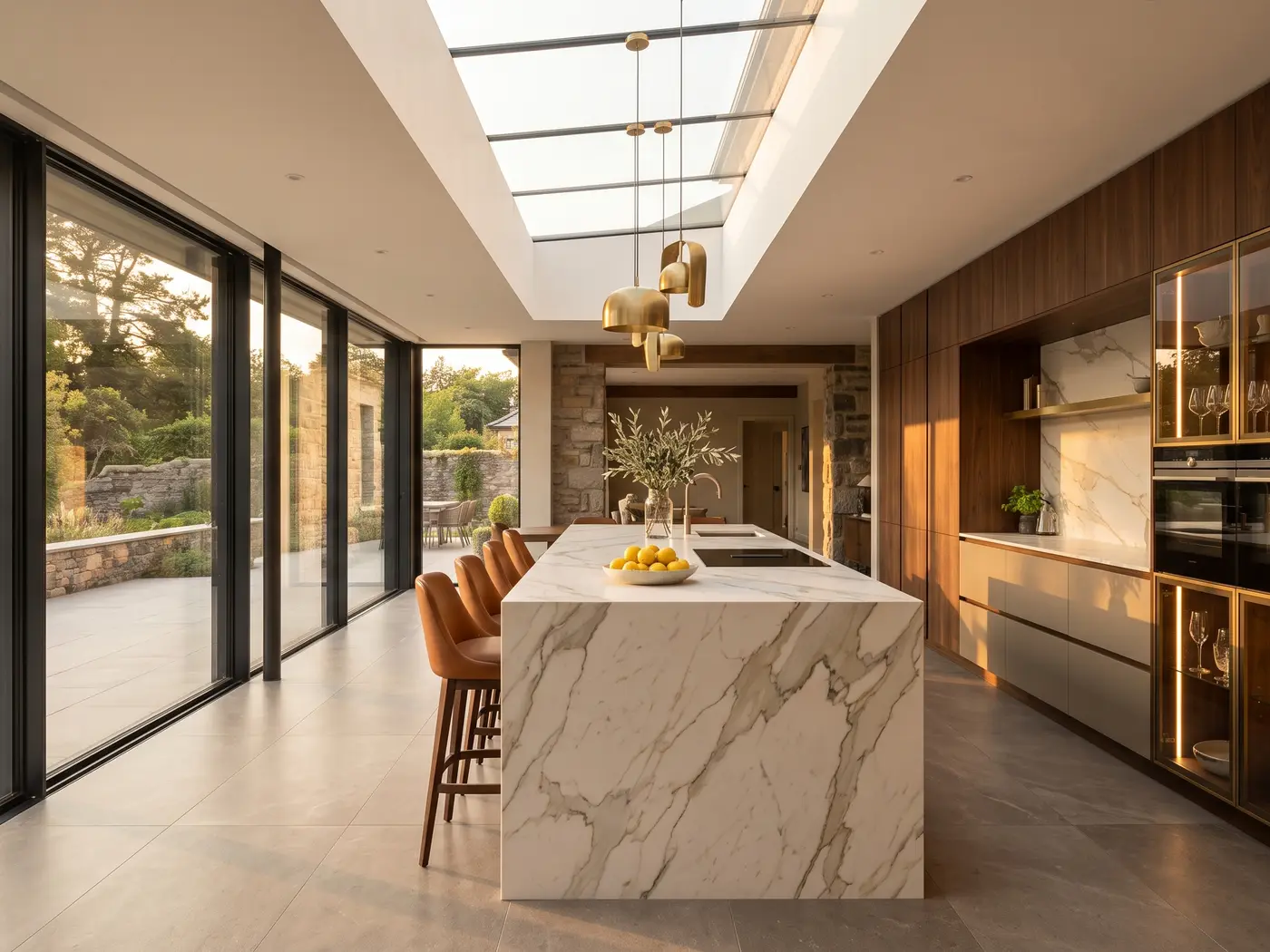 Design visual of a long marble waterfall island under a rooflight, with walnut units, lit glass cabinets and glass doors to the garden