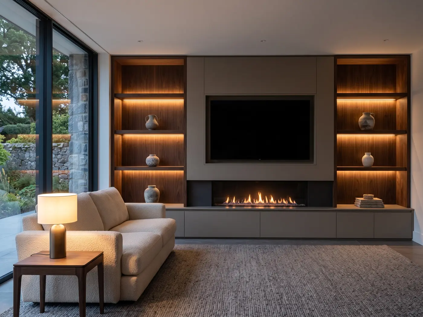 Design visual of a walnut media wall with a recessed television, a linear fire and lit open shelving