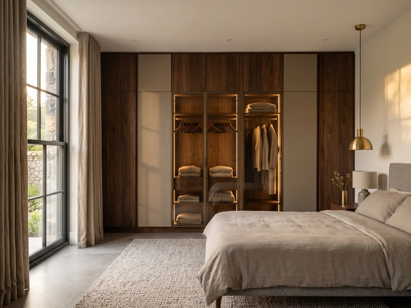 Design visual of a bedroom with floor to ceiling walnut and greige fitted wardrobes and a lit glass fronted section
