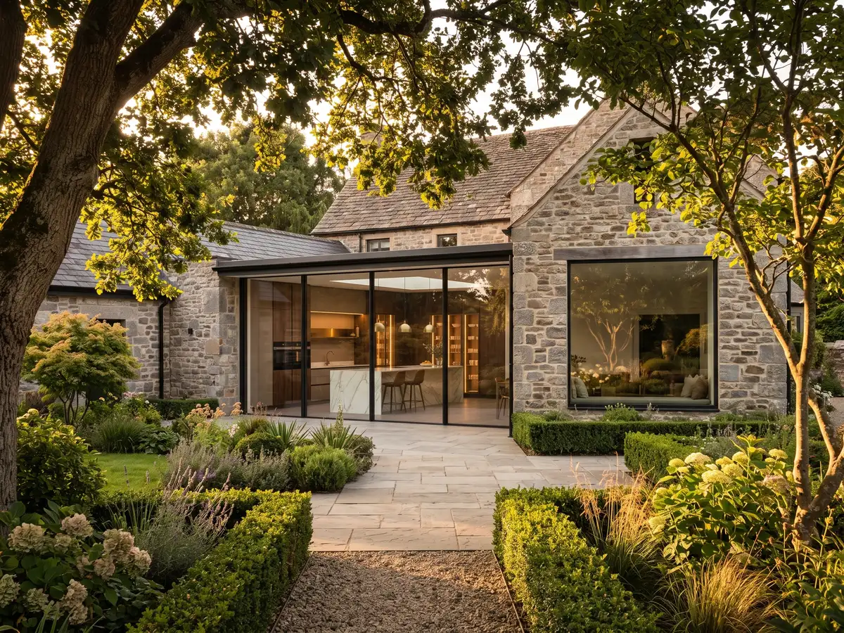 Design visual of a stone house extension with black aluminium sliding doors and a large picture window, seen from the garden at golden hour